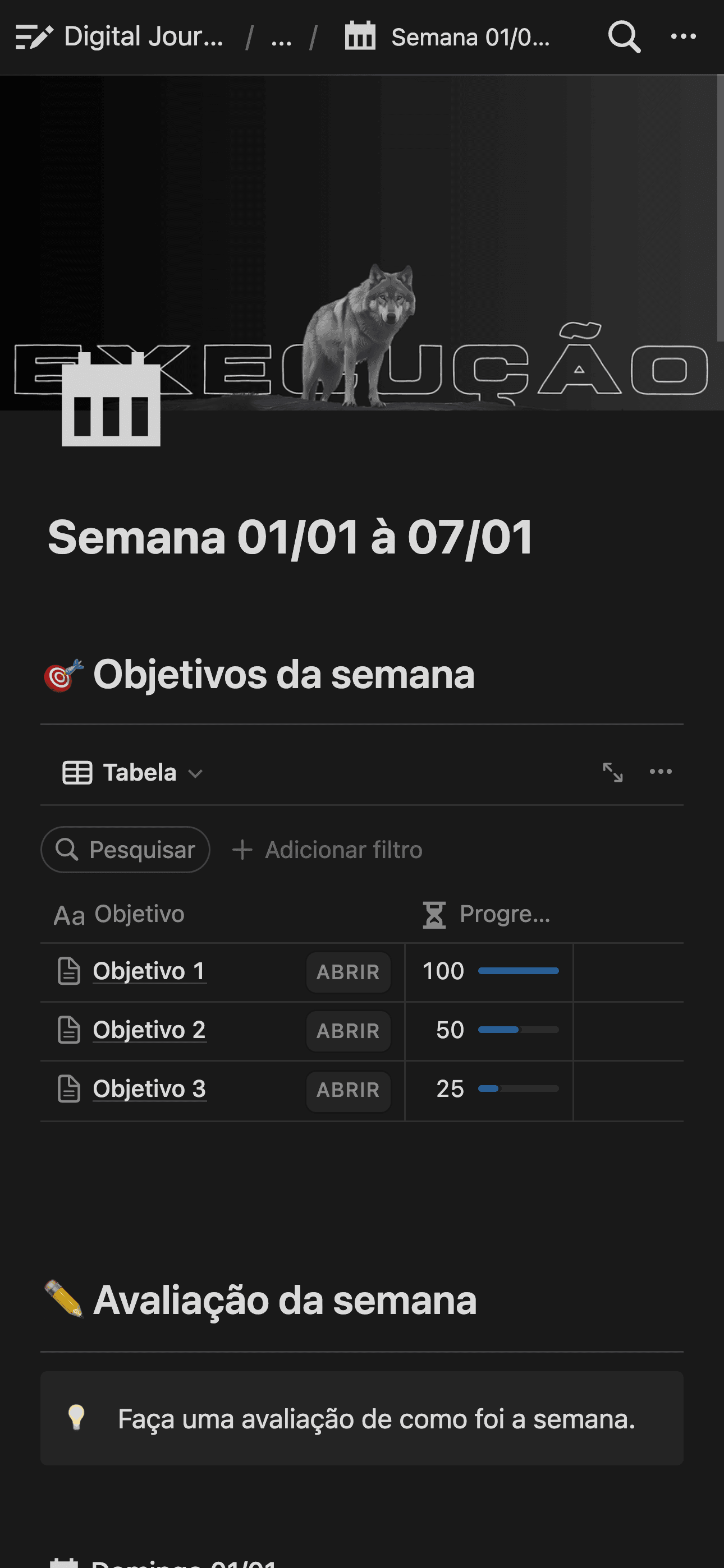 Digital Journal tema Dark modo de visualização semanal.