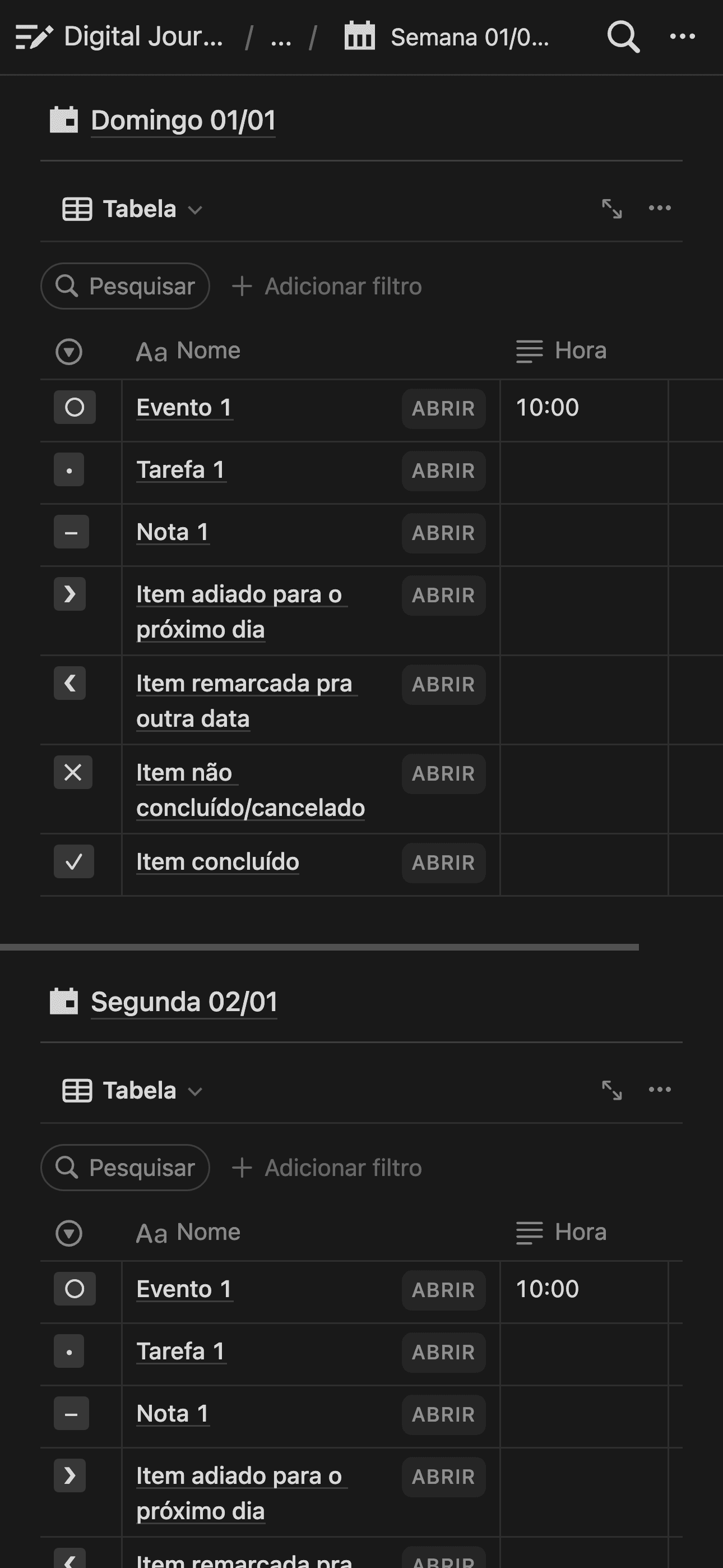Digital Journal tema Dark modo de visualização dias da semana.