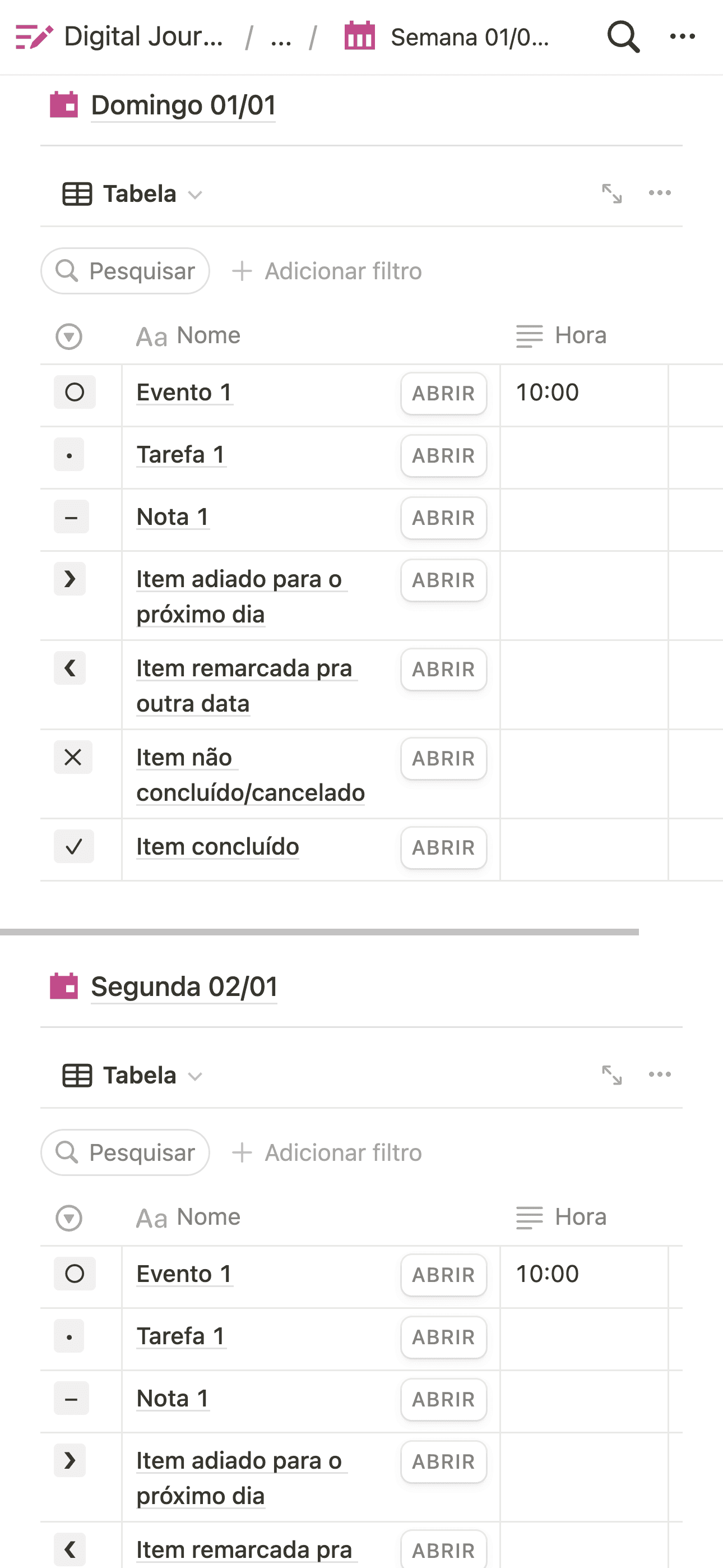 Digital Journal tema Light modo de visualização dias da semana.